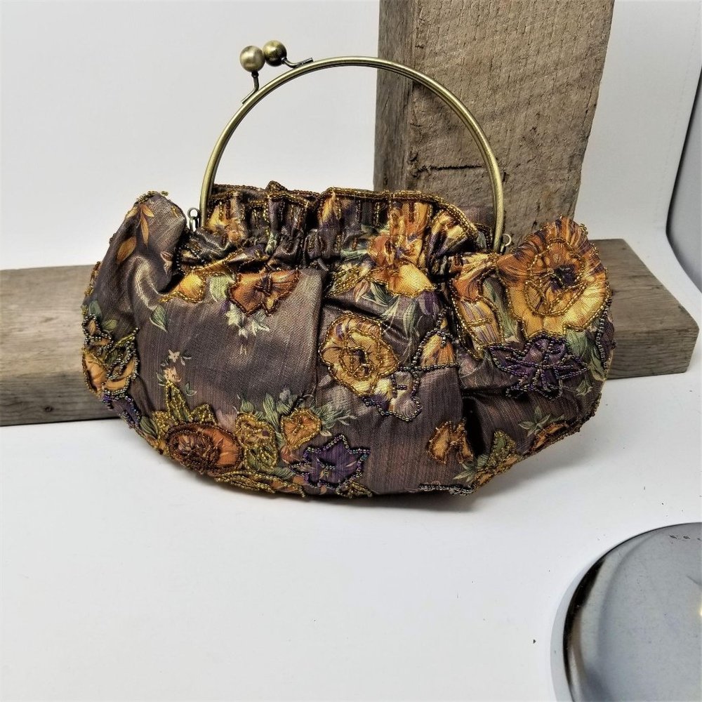 Metalic Beaded Purse 2 Handles Floral - Picture 7 of 9